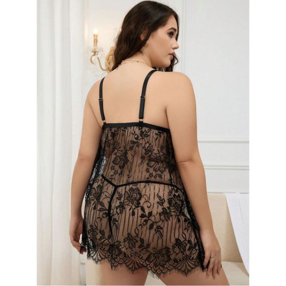 Classic Sexy Plus Eyelash Lace Babydoll With Thong - Picture 5 of 5